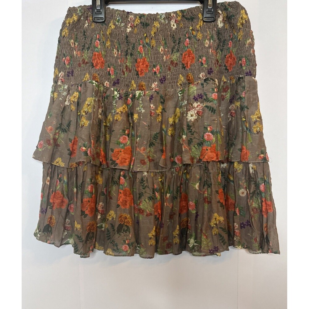Carolina K Womens Mini Skirt Silk Smocked S Tiered Boho Floral Feminine Ruffle